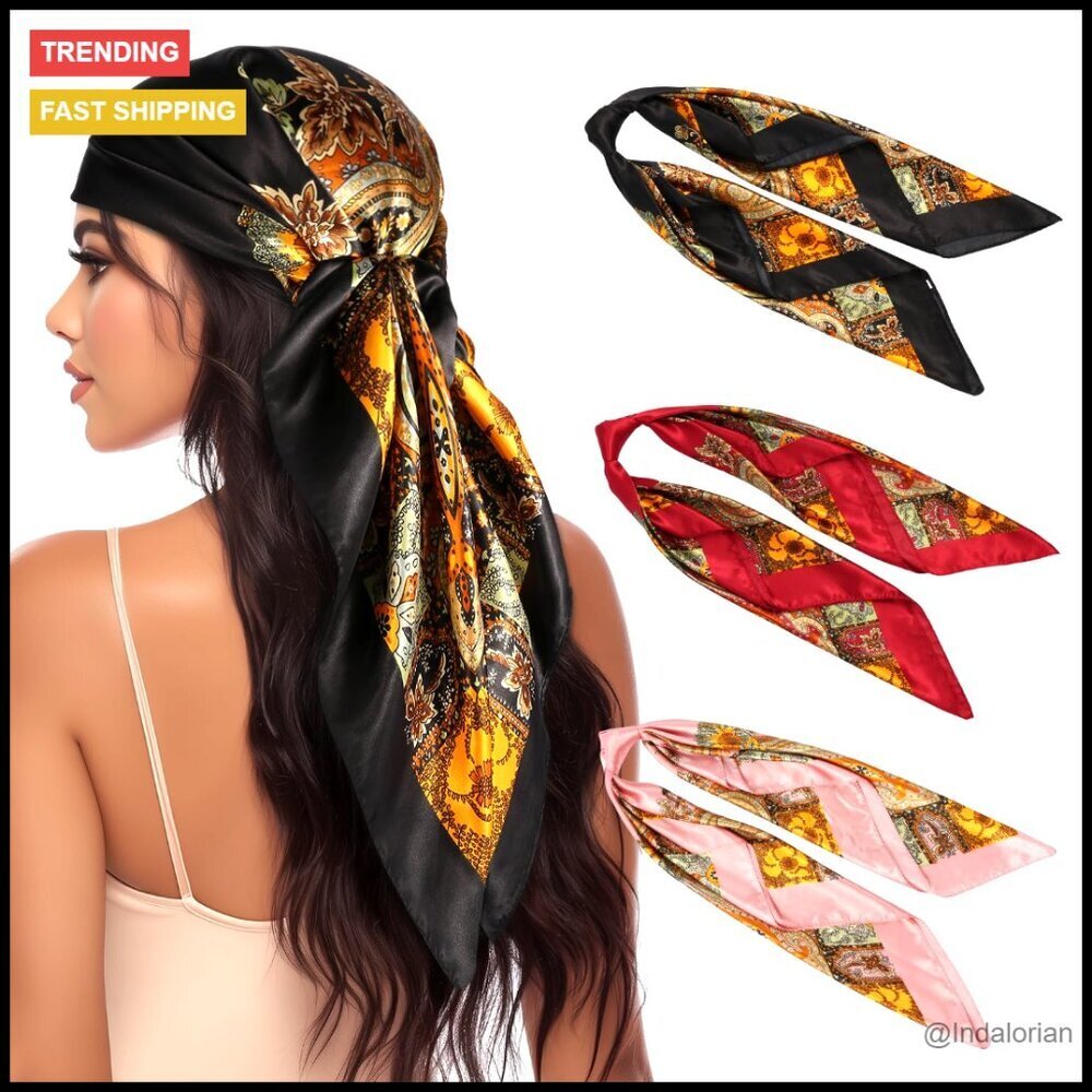 Satin Head Scarves Set of 3 Large Square Fashion Elegant Versatile Accessory